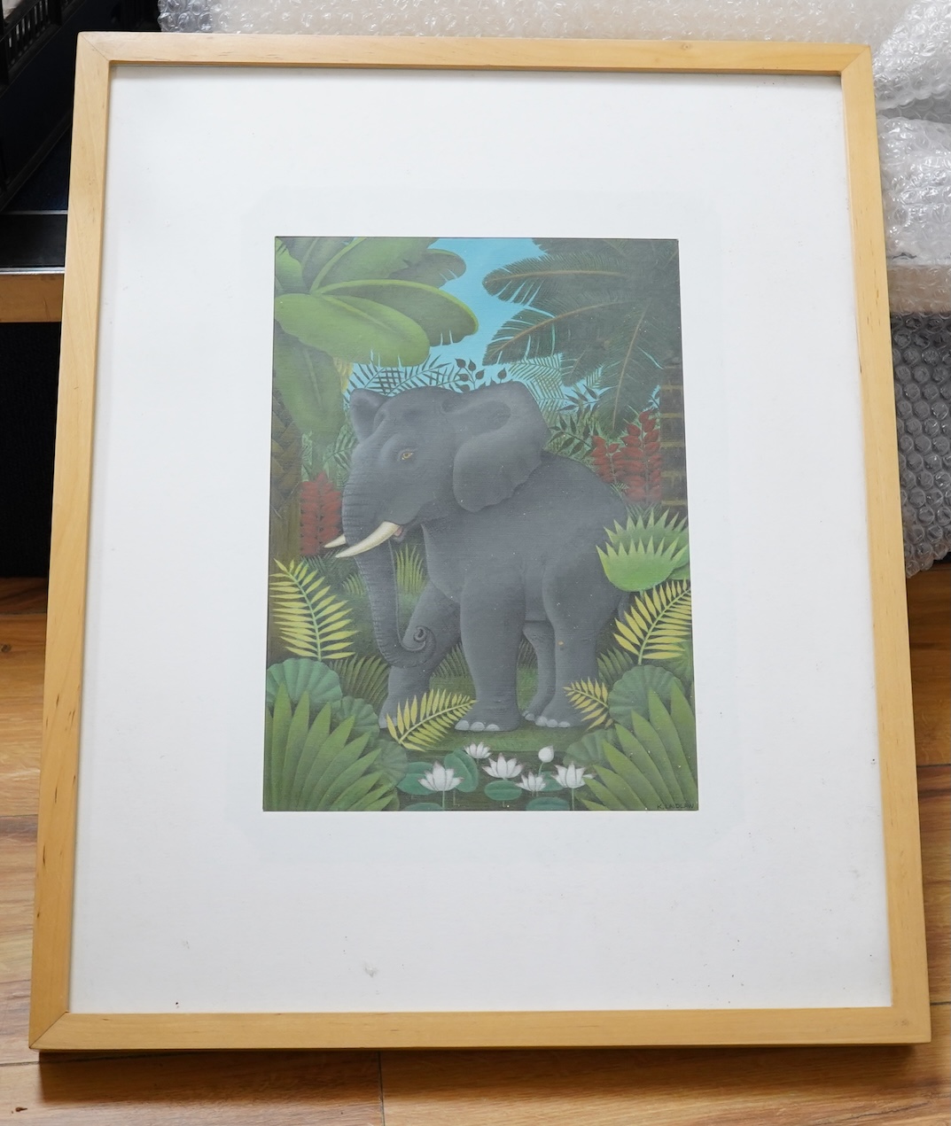 Ken Laidlaw (b.1945), Elephant in a landscape, signed, oil, 29 x 20cm